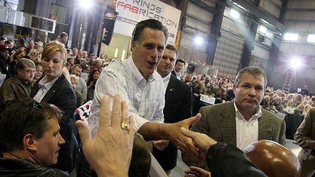 PHOTO: Mitt Romney greets supporters during a campaign rally at Colorado Springs Fabrication February 4, 2012 in Colorado Springs, Colorado.
