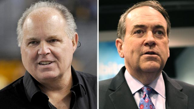 PHOTO: Rush Limbaugh, left, looks on from the sidelines at Heinz Field in this Nov. 14, 2010 file photo. Mike Huckabee attends the 110th NAMM Show - Day 1 at the Anaheim Convention Center in this Jan. 19, 2012 file photo.