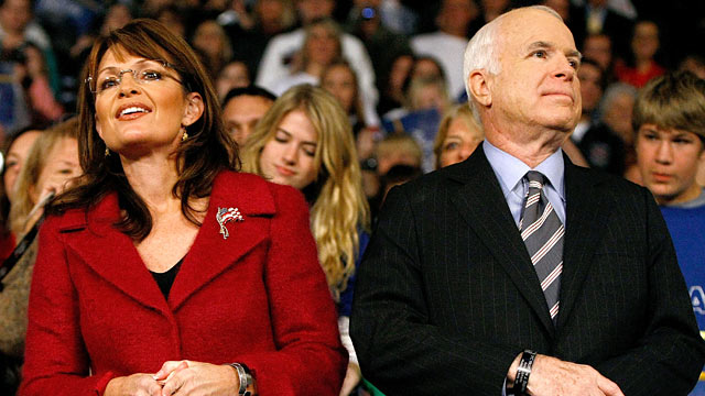 PHOTO: Sen. John McCain and his running mate, Alaska Governor Sarah Palin hold a campaign rally at the Giant Center, Oct. 28, 2008 in Hershey, Pennsylvania.