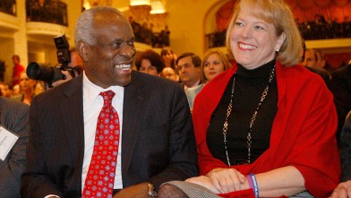 PHOTO: In this Nov. 15, 2007, photo, Supreme Court Justice Clarence Thomas, left, sits with his wife Virginia Thomas, as he is introduced at the Federalist Society in Washington, where he spoke about his new book and took questions from the audience.