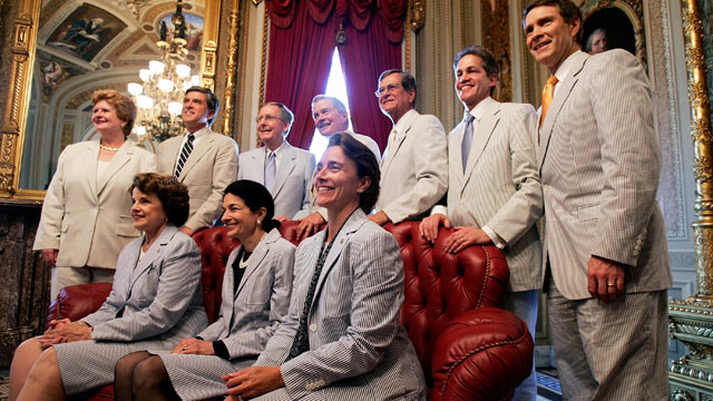PHOTO: From left, Sen. Debbie Stabenow (D-MI), Sen. Gordon Smith (R-OR), Senate Majority Whip Sen. Mitch McConnell (R-KY), Sen. Christopher Bond (R-MO), Sen. Trent Lott (R-MS), Sen. Norm Coleman (R-MN), Senate Majority Leader Sen. Bill Frist (R-TN), Sen. 
