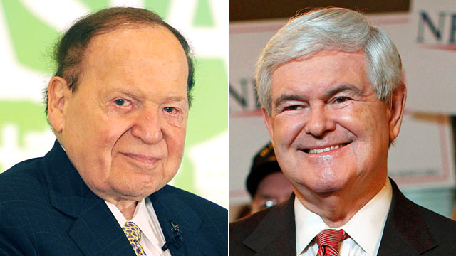 PHOTO: Sheldon Adelson, left, receives an award at a luncheon in Macau, June 8, 2011. Republican presidential candidate and former House Speaker Newt Gingrich takes part in a TV interview during a campaign event at the Grapevine Restaurant in Spartanburg,