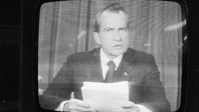 PHOTO: Richard Nixon announces his resignation on national television, following the Watergate scandal, August 8, 1974.