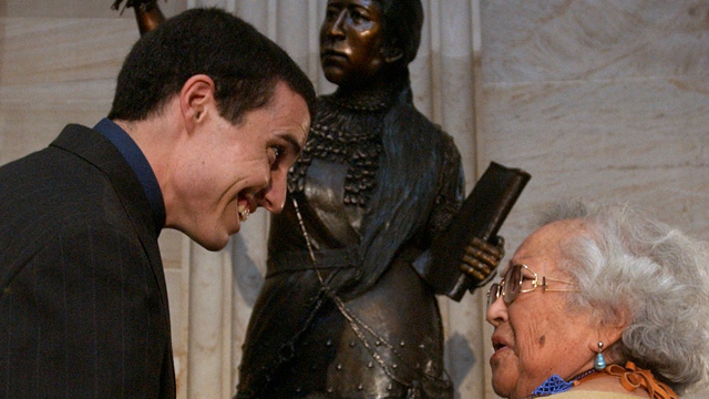 PHOTO: Artist Benjamin Victor, 26, is congratulated by Louise Tannheimer, 86, Quechan tribe, for his achievement in sculpting the statue of Sarah Winnemucca that was added to the Capitol's collection. Tannheimer is a decedent of Sarah Winnemucca.