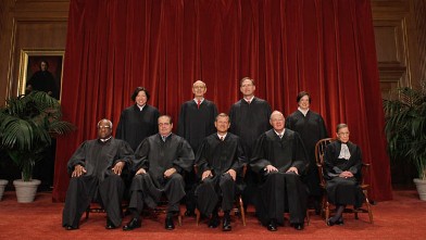 PHOTO: U.S. Supreme Court members (first row L-R) Clarence Thomas, Antonin Scalia, Chief Justice John Roberts, Anthony Kennedy, Ruth Bader Ginsburg, (back row L-R) Sonia Sotomayor, Stephen Breyer, Samuel Alito, Elena Kagan pose for a photo, Oct. 8, 2010