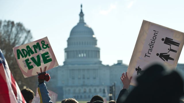 PHOTO: Opponents of same-sex marriage participated in the March for Marriage in Washington, D.C., March 26, 2013, as the U.S. Supreme Court heard arguments on California's Proposition 8 ban on same-sex marriage.