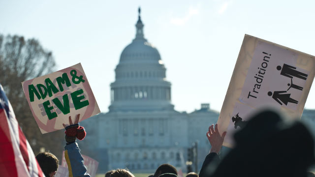 PHOTO: Opponents of same-sex marriage participated in the March for Marriage in Washington, D.C., March 26, 2013, as the U.S. Supreme Court heard arguments on Californias Proposition 8 ban on same-sex marriage.