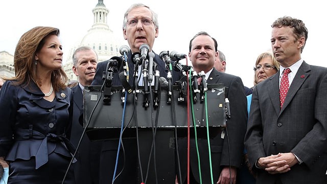 PHOTO: U.S. Senate Minority Leader Sen Mitch McConnell speaks as Sen. Ted Cruz , Rep. Michele Bachmann, Sen. Mike Lee, Sen. Rand Paul listen during a news conference May 16, 2013 on Capitol Hill in Washington, DC.