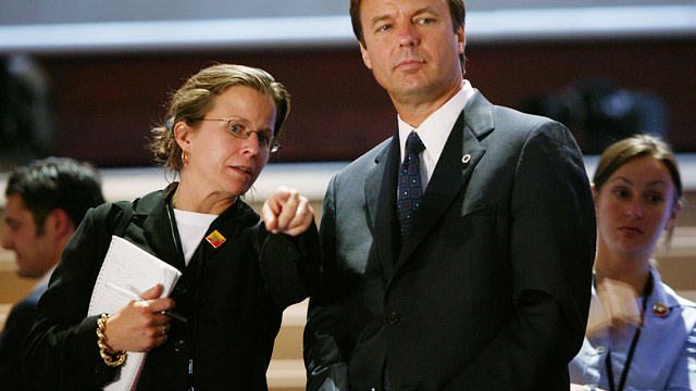 PHOTO: Democratic vice presidential candidate Senator John Edwards (D-NC) and his speechwriter Wendy Button are at the Democratic Convention site July 27, 2004 in Boston, Massachusetts.