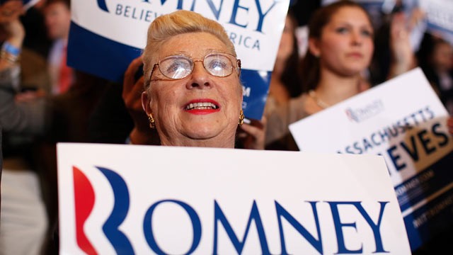 PHOTO: Supporters of Republican presidential candidate, former Massachusetts Gov., Mitt Romney celebrate during a Super Tuesday night gathering on March 6, 2012 in Boston, Massachusetts.