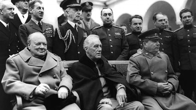 PHOTO: Prime Minister Winston Churchill, President Franklin D. Roosevelt, and Marshal Joseph Stalin sit at the palace in Yalta, where the three met in Yalta, Ukraine, Feb. 4-11, 1945.