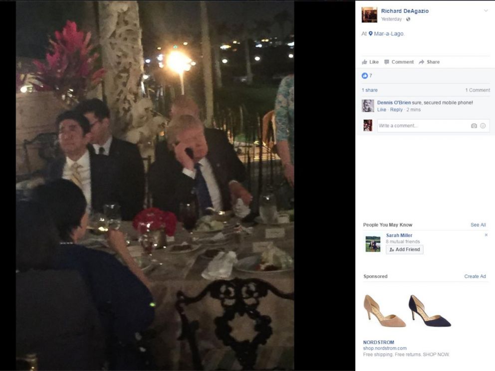 PHOTO: President Donald Trump dines with Japanese Prime Minister Shinzo Abe at Mar-a-Lago in Palm Beach, Florida, Feb. 11, 2017.