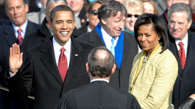PHOTO: With his family by his side, Barack Obama is sworn in as the 44th president of the United States by Chief Justice of the United States John G. Roberts Jr. in Washington, D.C., Jan. 20, 2009.