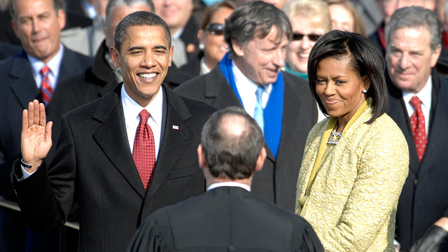 PHOTO: With his family by his side, Barack Obama is sworn in as the 44th president of the United States by Chief Justice of the United States John G. Roberts Jr. in Washington, D.C., Jan. 20, 2009.