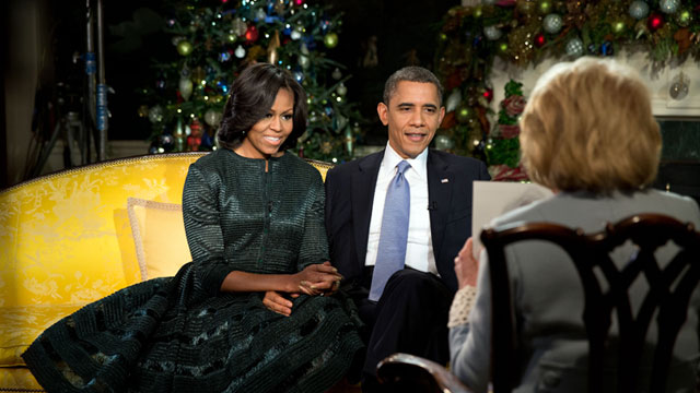 PHOTO: President Barack Obama and First Lady Michelle Obama participate in an interview with ABCs Barbara Walters in the Diplomatic Reception Room of the White House, Dec. 11, 2012.
