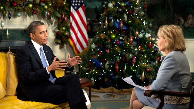 PHOTO: President Barack Obama participates in an interview with Barbara Walters, ABC, in the Diplomatic Reception Room of the White House, Dec. 11, 2012.