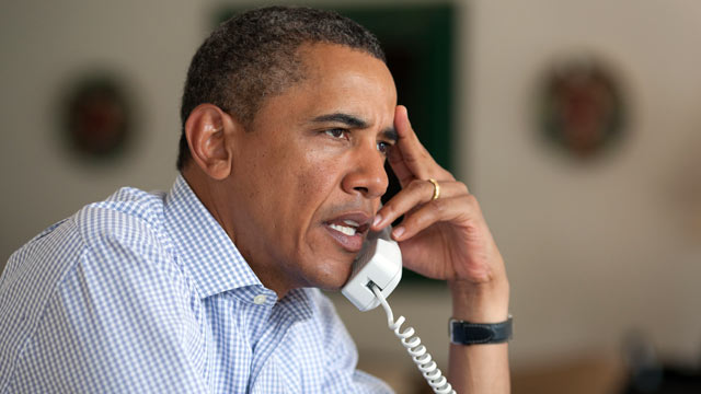 PHOTO: President Barack Obama holds conference call on Hurricane Irene with FEMA Director Craig Fugate, Homeland Security Secretary Janet Napolitano, Chief of Staff Bill Daley, and John Brennan, Assistant to the President for Homeland Security, in Chilmar