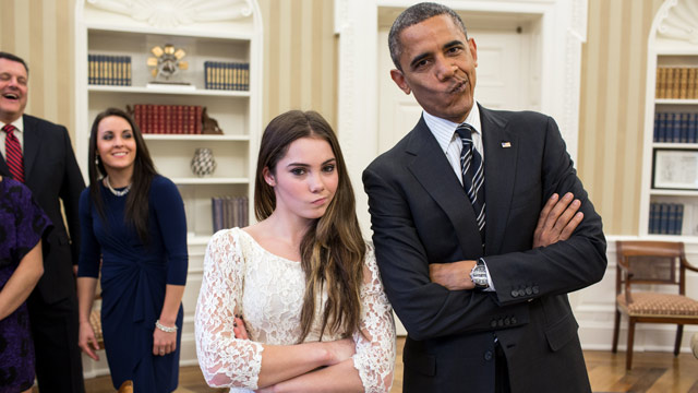PHOTO: President Barack Obama jokingly mimics U.S. Olympic gymnast McKayla Maroney's "not impressed" look while greeting members of the 2012 U.S. Olympic gymnastics teams in the Oval Office, Nov. 15, 2012.