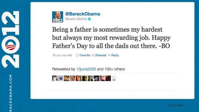 PHOTO:&nbsp;This screengrab taken from Twitter shows Barack Obama's father's day tweet signed by the president using his initials "BO".