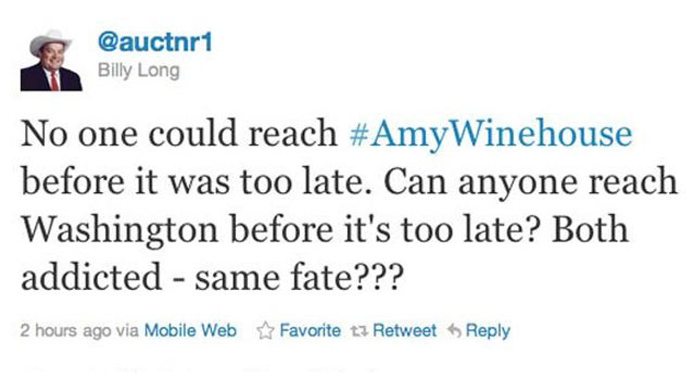 PHOTO: Billy Long tweeted this controversial tweet comparing Amy Winehouse and the debt ceiling negotiations.
