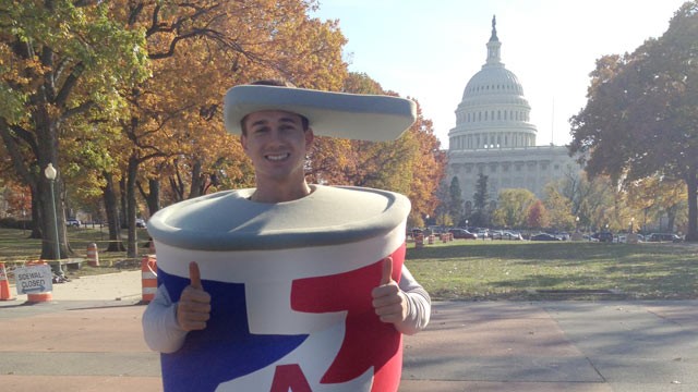 PHOTO: Cason Romano, a Washington lobbyist, wears an aluminum can costume as part of "The Can Kicks Back" campaign.