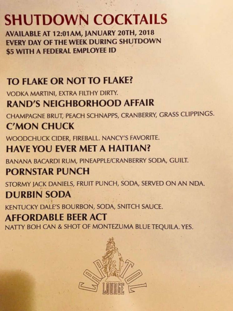 PHOTO: Capitol Lounge in Washington, D.C., is offering a special menu to furloughed federal employee for the duration of the government shutdown. The menu was effective Jan. 20, 2018 at 12:01 a.m.