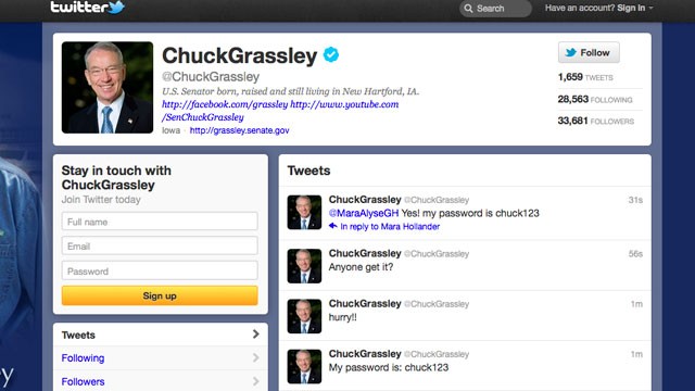 PHOTO: Senator Chuck Grassley's Twitter account has been hacked by Anonymous, Jan. 23, 2012.