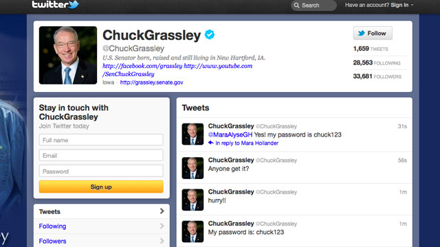PHOTO: Senator Chuck Grassleys Twitter account has been hacked by Anonymous, Jan. 23, 2012.