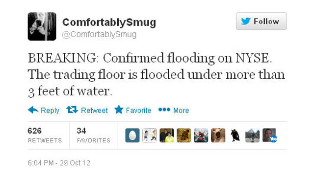PHOTO: A staffer on Congressional candidate Christoper Wight's campaign tweeted this inaccurate information about the New York Stock Exchange during Hurricane Sandy.