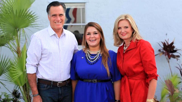 PHOTO: Jane Horton, 26, pictured with Mitt and Ann Romney. Hortons husband, Chris Horton, is featured in Romneys stump speech.