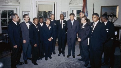PHOTO: Organizers of "The March on Washington for Jobs and Freedom," including Martin Luther King Jr. and John Lewis, meet with President Kennedy and Vice President Lyndon Johnson in the Oval Office on Aug. 28, 1963.