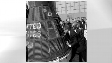 PHOTO: President Kennedy and Col. John Glenn inspect the Friendship 7 Mercury Capsule at Cape Canaveral, Fla., on Feb. 23, 1962.