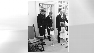 PHOTO: Caroline Kennedy and John F. Kennedy Jr. are photographed in the White House with President Kennedy and Attorney General Robert F. Kennedy on Oct. 14, 1963.