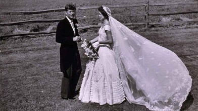 PHOTO: John Kennedy and Jackie Bouvier, in wedding attire, standing outdoors on their wedding day in Newport, Rhode Island, Sept. 12, 1953.