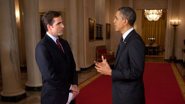 PHOTO: President Barack Obama participates in an interview with Bob Woodruff in the Cross Hall and the East Room of the White House, Feb. 29, 2012.