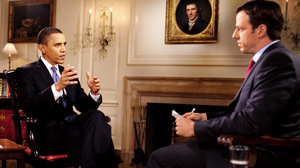 PHOTO President Barack Obama is interviewed by Jake Tapper, Senior White House Correspondent for ABC News, in the Map Room of the White House, Nov. 9, 2009.
