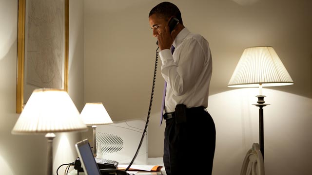 PHOTO: President Obama talks on the phone with Missouri Governor Jay Nixon, during his visit to Dublin, Ireland, May 23, 2011.