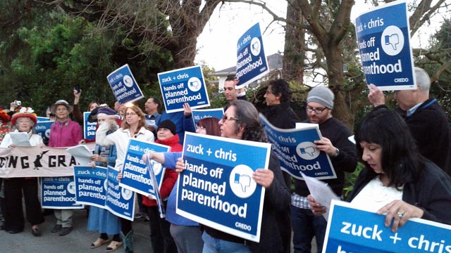 PHOTO: CREDO Action members protest Mark Zuckerberg's fundraiser for New Jersey Gov. Chris Christie, Feb. 13, 2013.
