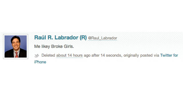 PHOTO: Rep. Raul Labrador tweeting about his opinion of the Super Bowl commercial for television show "2 Broke Girls."
