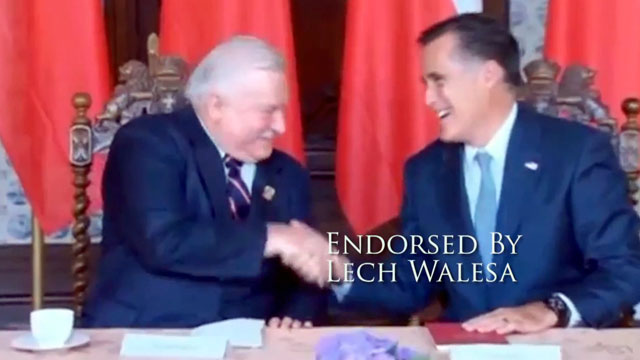 PHOTO: Mitt Romney shakes hands with Lesh Walesa in this Romney Campaign video.