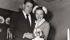 PHOTO: Newlyweds Ronald Reagan and Nancy Reagan cut their wedding cake at the Holden's house in Toluca Lake, California on March 4. 1952.