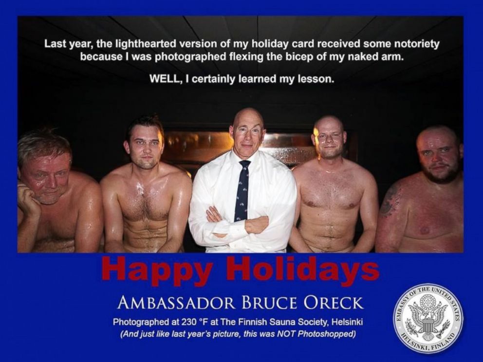 PHOTO: U.S. ambassador to Finland Bruce Oreck poses in a sauna for his light-hearted, 2013 Christmas card.