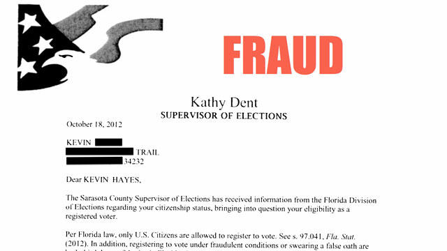 PHOTO: The Advancement Project provided ABC News with a letter from Sarasota County, Fla. accusing its recipient of voter fraud.