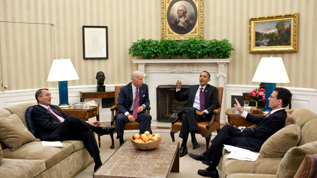 PHOTO: President Barack Obama and Vice President Joe Biden meet with House Speaker John Boehner and House Majority Leader Eric Cantor in the Oval Office to discuss ongoing efforts to find a balanced approach to the debt limit and deficit reduction on July