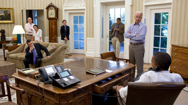 PHOTO: President Barack Obama talks on the phone with House Minority Leader Nancy Pelosi in the Oval Office to discuss ongoing efforts in the debt limit and deficit reduction talks on July 31, 2011.