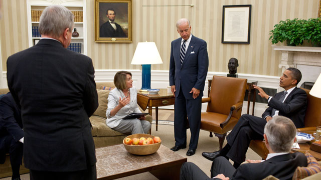 PHOTO: President Barack Obama and Vice President Joe Biden meet the Democratic leadership in the Oval Office to discuss ongoing efforts to find a balanced approach to the debt limit and deficit reduction, July 21, 2011.