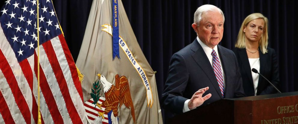 PHOTO: Attorney General Jeff Sessions speaks alongside Secretary of Homeland Security Kirstjen Nielsen during a news conference in Baltimore, Dec. 12, 2017, to announce efforts to combat the MS-13 street gang with law enforcement and immigration actions.