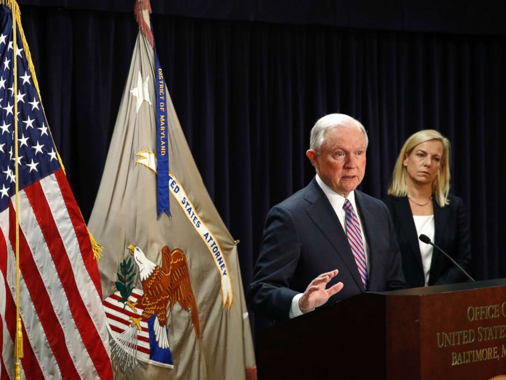 PHOTO: Attorney General Jeff Sessions speaks alongside Secretary of Homeland Security Kirstjen Nielsen during a news conference in Baltimore, Dec. 12, 2017, to announce efforts to combat the MS-13 street gang with law enforcement and immigration actions.