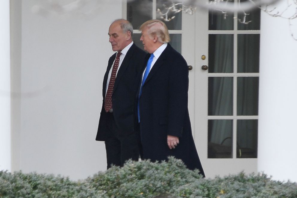 PHOTO: President Donald Trump walks back to the Oval Office with White House Chief of Staff John Kelly, after an event on the South Lawn celebrating the tax reduction bill passage, Dec. 20, 2017.