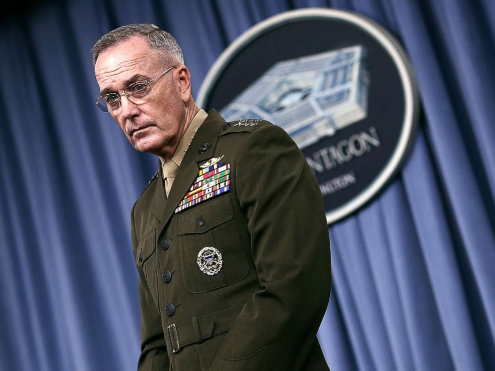 PHOTO: Chairman of the Joint Chiefs of Staff Marine Gen. Joseph F. Dunford Jr. answers questions during a Pentagon briefing, May 19, 2017, in Arlington, Virginia. 